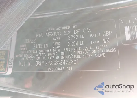 2022 Kia Forte Lxs из США, поврежденный, VIN 3KPF24AD8NE472801